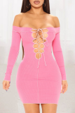 Pink Casual Solid Hollowed Out Off the Shoulder Pencil Skirt Dresses