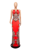 Red Sexy Print Patchwork Spaghetti Strap Straight Dresses