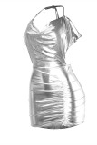 Silver Fashion Sexy Solid Backless Fold Halter Sling Dress