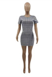 Grey Fashion Casual Plaid Print Basic O Neck Short Sleeve Dress