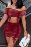 Rose Red Sexy Solid Mesh Off the Shoulder Short Sleeve Two Pieces