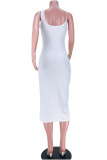 White Sexy Casual Solid Backless Zipper Spaghetti Strap Vest Dress
