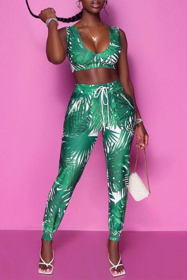 Green Sexy Casual Print Vests Pants V Neck Sleeveless Two Pieces