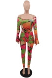 Rose Red Fashion Sexy Print See-through Backless Off the Shoulder Long Sleeve Two Pieces