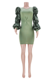 Army Green Sexy Solid Split Joint O Neck Pencil Skirt Dresses