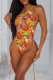 Tangerine Red Sexy Print Hollowed Out Patchwork Draw String Swimwears