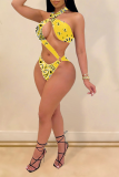 Red Sexy Print Hollowed Out Patchwork Swimwears