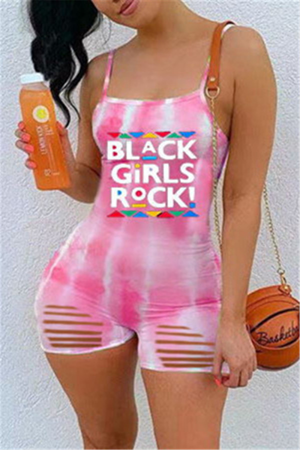 Rose Red Fashion Sexy Letter Print Ripped Backless Spaghetti Strap Skinny Romper