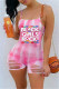 Rose Red Fashion Sexy Letter Print Ripped Backless Spaghetti Strap Skinny Romper