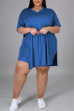 Blue Fashion Casual Solid Slit V Neck Tops Plus Size Two-piece Set