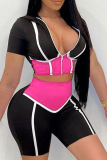 Rose Red Sexy Color Block Patchwork Zipper Collar Short Sleeve Two Pieces