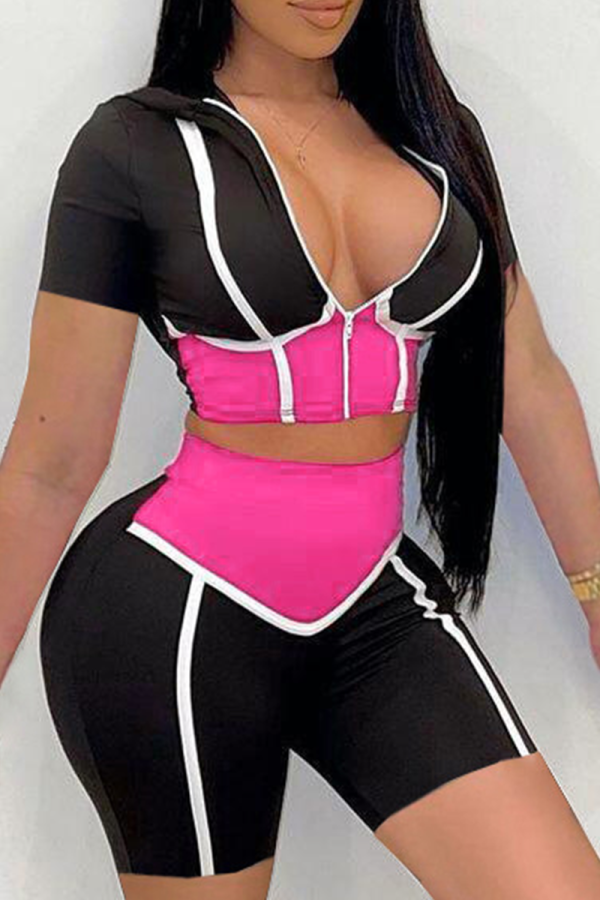 Black Sexy Color Block Patchwork Zipper Collar Short Sleeve Two Pieces