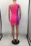 Blue Sexy Color Block Hollowed Out One Shoulder Irregular Dress Dresses