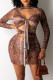 Brown Fashion Sexy Print Hollowed Out O Neck Long Sleeve Dresses