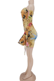 Gold Sexy Print Patchwork Off the Shoulder Pencil Skirt Dresses