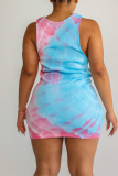 Powder Blue Sexy Print Patchwork O Neck Pencil Skirt Dresses