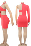 Pink Sexy Solid Hollowed Out Patchwork Asymmetrical Halter A Line Dresses