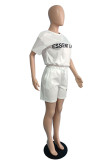 White Fashion Casual Letter Print Basic O Neck Short Sleeve Two Pieces