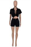 Black Fashion Casual Solid Bandage Turndown Collar Short Sleeve Two Pieces