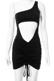 Black Sexy Solid Hollowed Out Patchwork Draw String Fold Oblique Collar Pencil Skirt Dresses