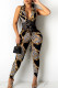 Orange Sexy Print Patchwork Frenulum V Neck Skinny Jumpsuits