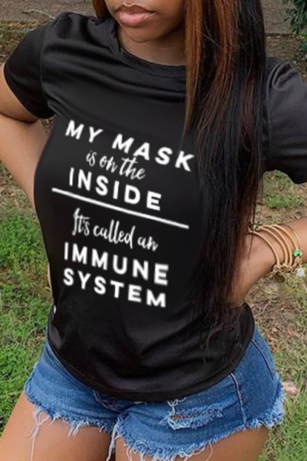 Black Fashion Casual Letter Print Basic O Neck T-Shirts