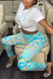 Light Blue Fashion Casual Print Basic Skinny High Waist Pencil Trousers