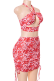 Pink Sexy Print Patchwork Halter Sleeveless Two Pieces