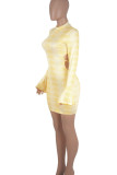 Yellow Sexy Print Patchwork Frenulum Backless O Neck Pencil Skirt Dresses