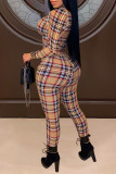 Coffee Sexy Plaid Print Hollowed Out Patchwork Frenulum O Neck Long Sleeve Two Pieces