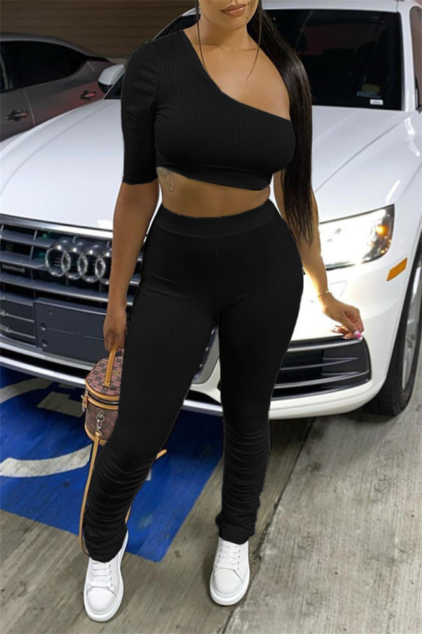Black Sexy Casual Patchwork Backless One Shoulder Short Sleeve Two Pieces