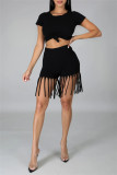 Red Fashion Casual Solid Tassel O Neck Short Sleeve Two Pieces