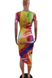 Colour Casual Print Split Joint High Opening Asymmetrical O Neck Straight Dresses