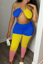 Blue Yellow Sexy Solid Hollowed Out Two Pieces