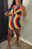 Colour Fashion Sexy Striped Print Backless Halter Sleeveless Dress