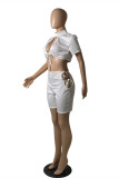 Red Fashion Sexy Solid Bandage Hollowed Out Half A Turtleneck Short Sleeve Two Pieces