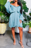 Blue Sexy Solid Flounce Off the Shoulder Pleated Dresses