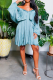 Light Blue Sexy Solid Flounce Off the Shoulder Pleated Dresses