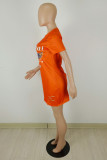 Orange Fashion Casual Print Ripped O Neck Short Sleeve T-shirt Dress