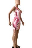 Pink Sexy Print Split Joint Frenulum Backless Halter Pencil Skirt Dresses