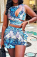 Peacock Blue Sexy Print Patchwork O Neck Sleeveless Two Pieces