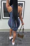 Blue Sexy Striped Patchwork V Neck Skinny Rompers