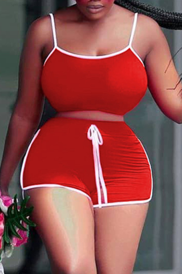 Red Sexy Casual Solid Backless Spaghetti Strap Sleeveless Two Pieces