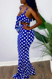 Blue Fashion Sexy Dot Print Backless Halter Sleeveless Two Pieces