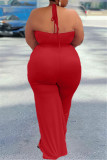 Red Sexy Casual Solid Backless Without Belt Halter Plus Size Jumpsuits