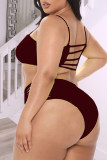 Burgundy Sexy Solid Hollowed Out Backless Spaghetti Strap Plus Size Swimwear
