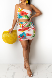 White Sexy Print Patchwork One Shoulder Sleeveless Two Pieces