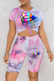 Pink Casual Patchwork Tie-dye O Neck Short Sleeve Two Pieces