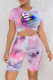 Pink Casual Patchwork Tie-dye O Neck Short Sleeve Two Pieces
