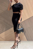 Grey Fashion Casual Solid Fold O Neck Short Sleeve Two Pieces